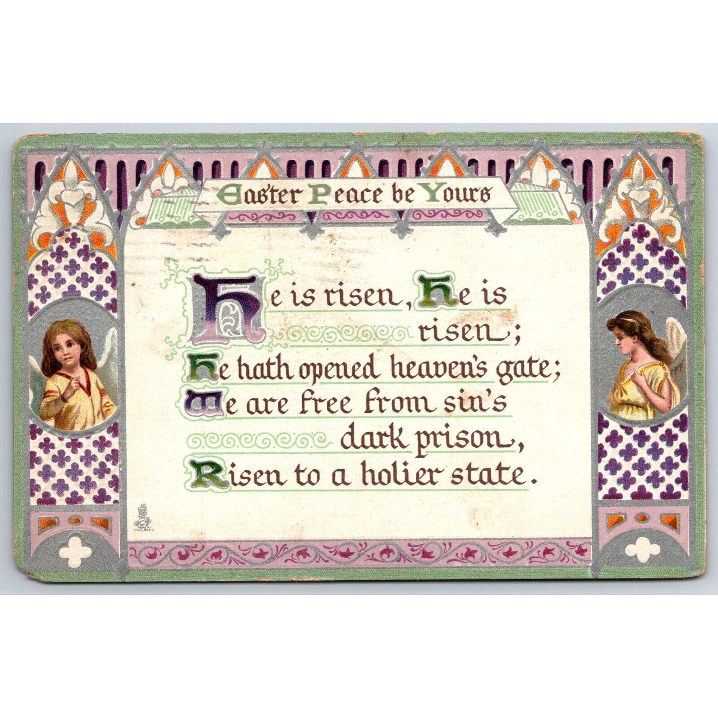 Easter Postcard "He Has Risen" Angels Silver Ink Embossed PM 1912
