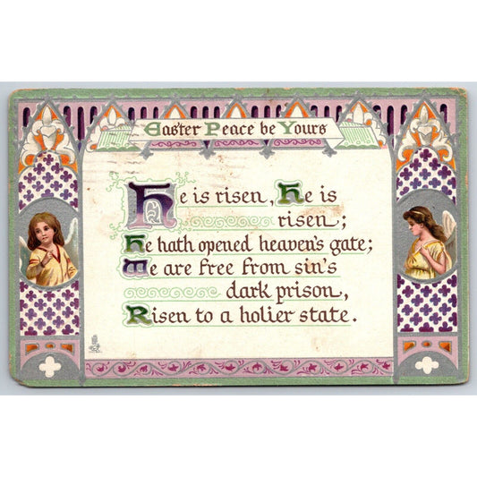 Easter Postcard "He Has Risen" Angels Silver Ink Embossed PM 1912