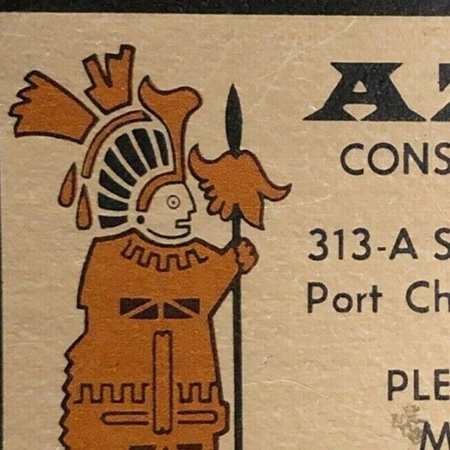 c1970's-80's Wooden Matchbox Matchbook "Aztec Construction" Port Charlotte, FLA