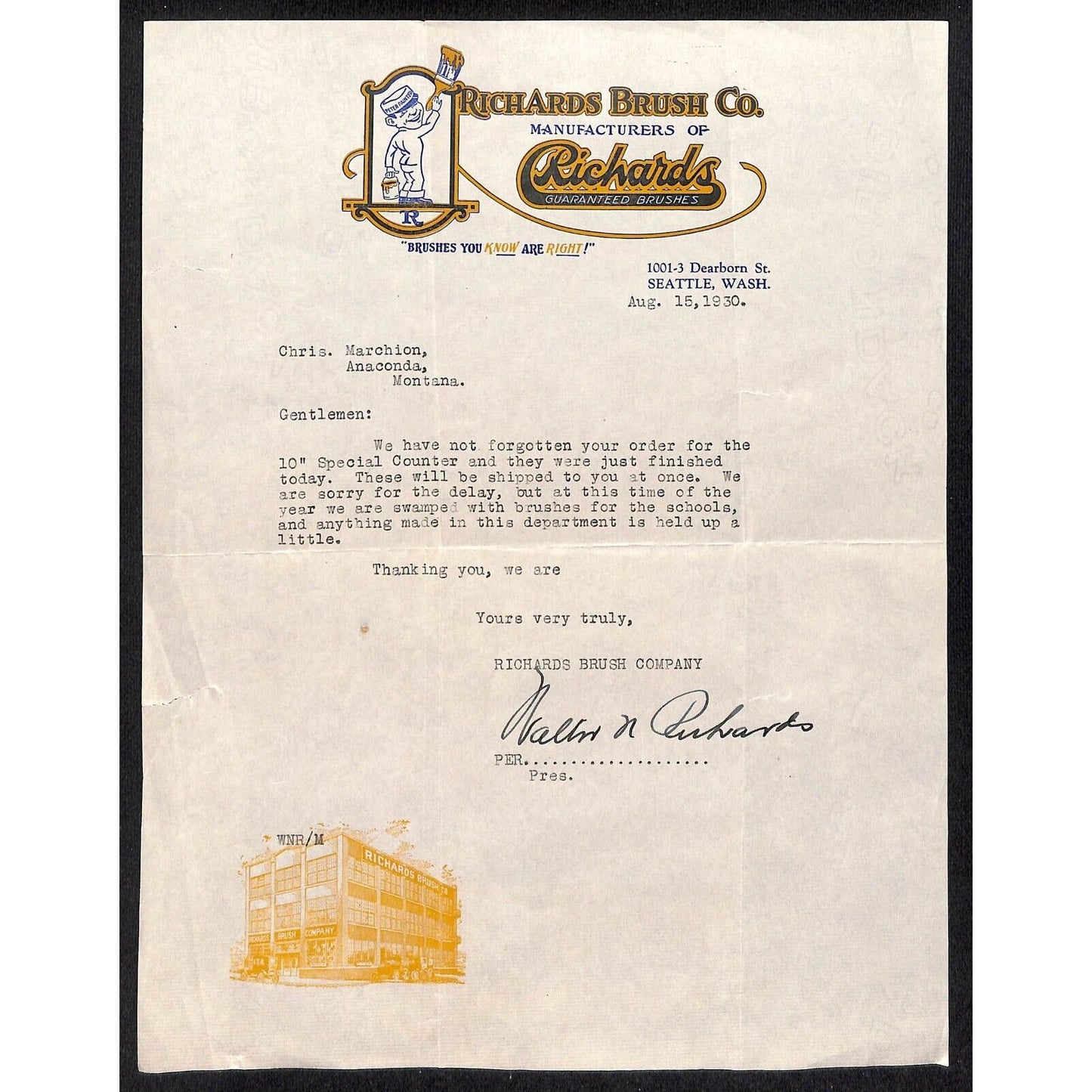 Seattle, WA Richards Brush Company Paint Brushes Letterhead w/ "Peter Painter"