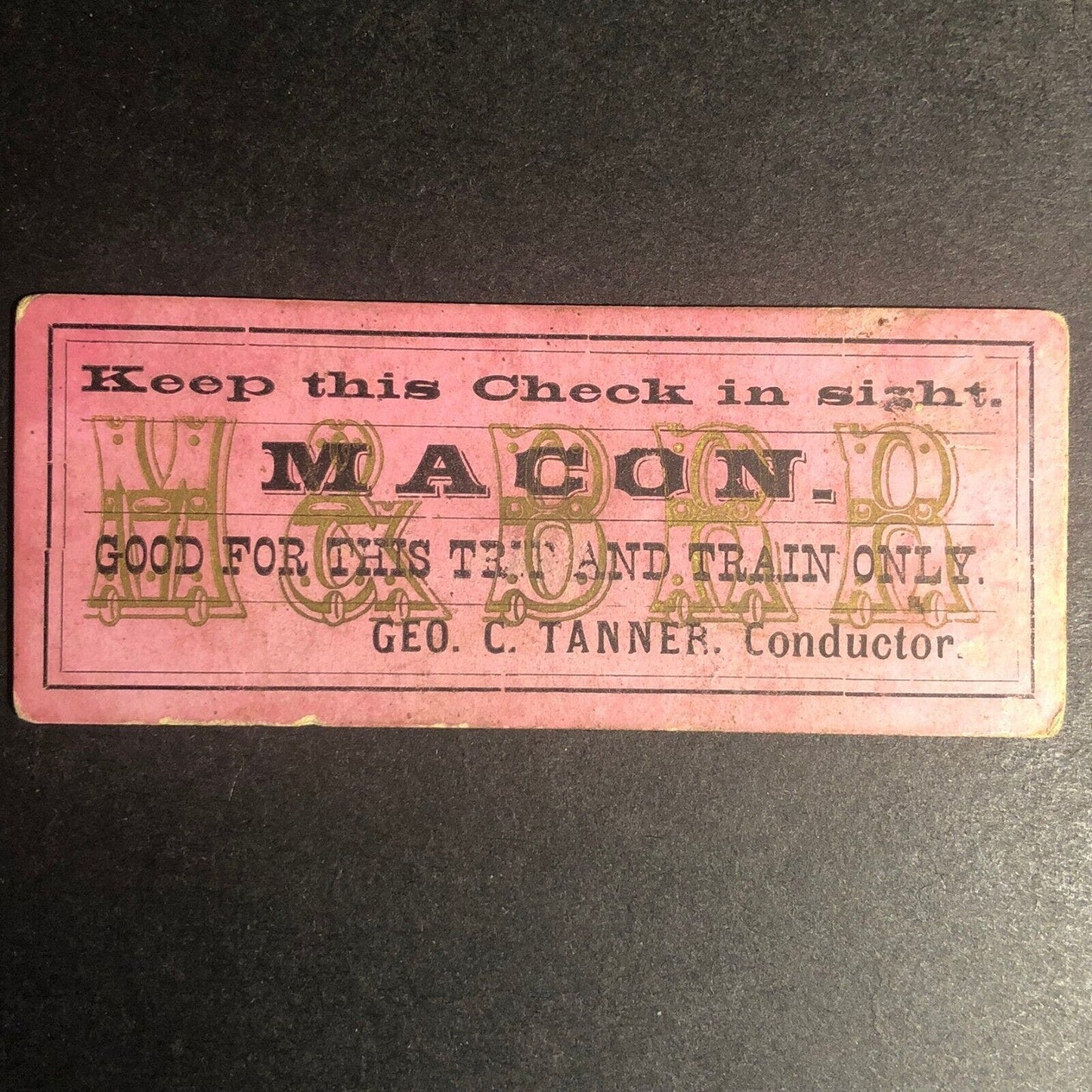 Macon & Brunswick Railroad (1856-1881) M&BRR Seat Check / Ticket Very Scarce