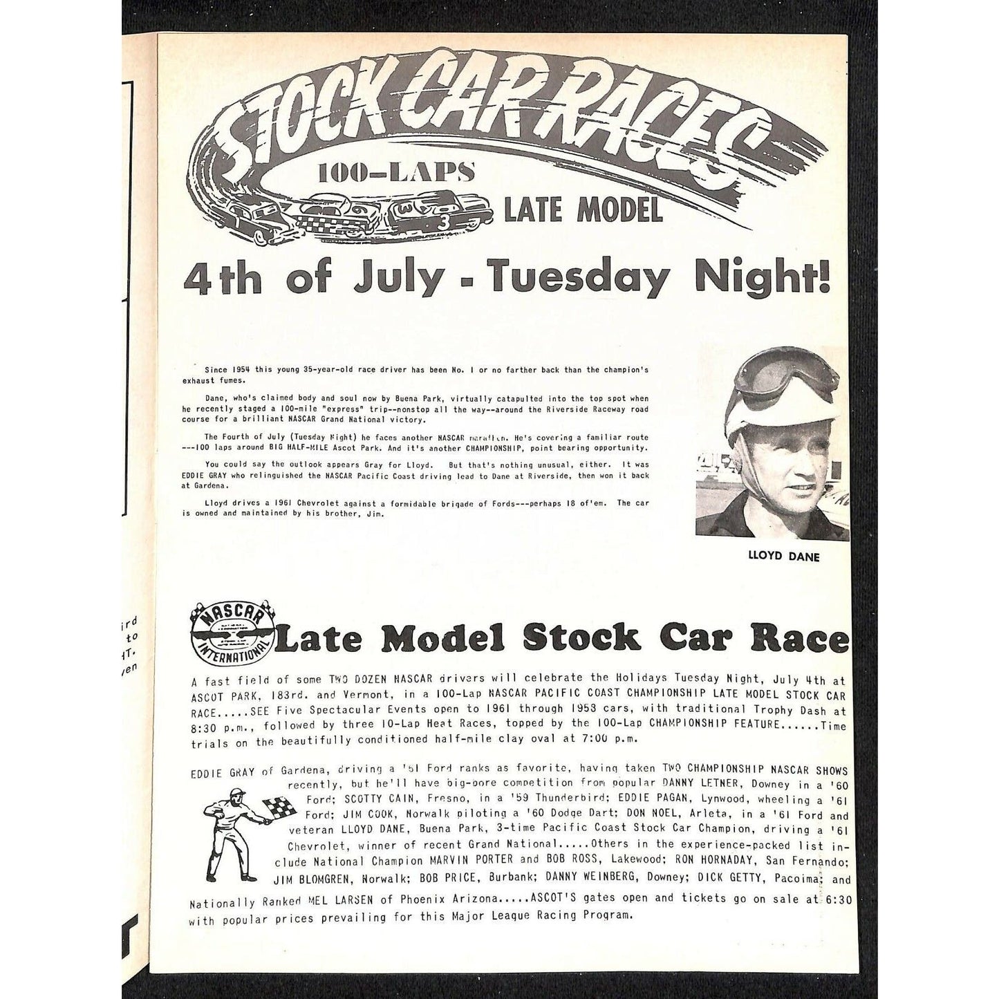 Scarce Jun 16 1961 Auto Racing CRA Big Car Program Ascot Gardena, CA 12pp