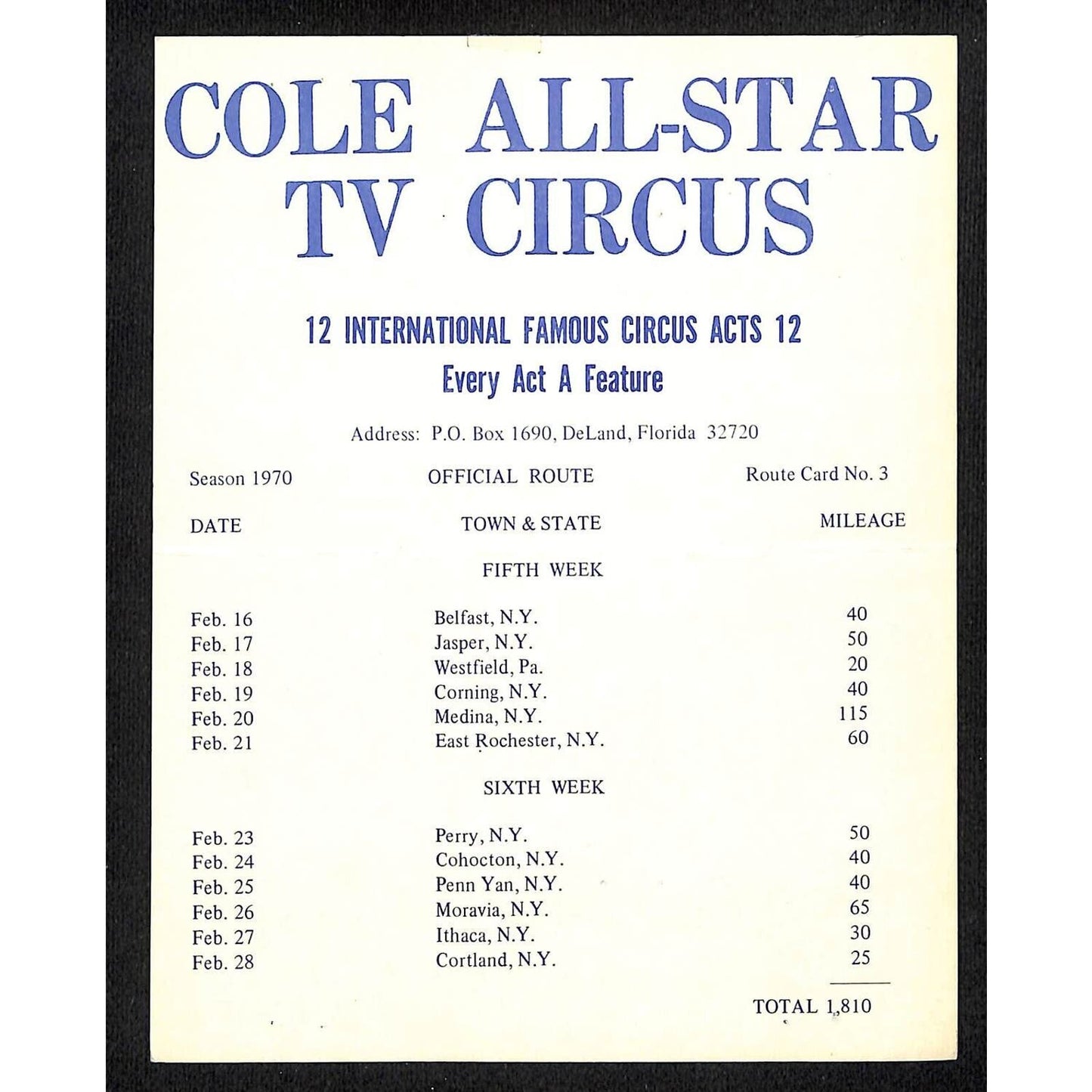 Cole All-Star TV Circus 1970 Route Card Mailer - Several New York Stops