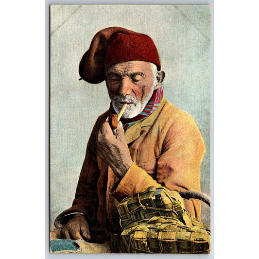 Italian Postcard Old Man Smoking Pipe w/ Tied Woven Baskets c1901-1907 NP