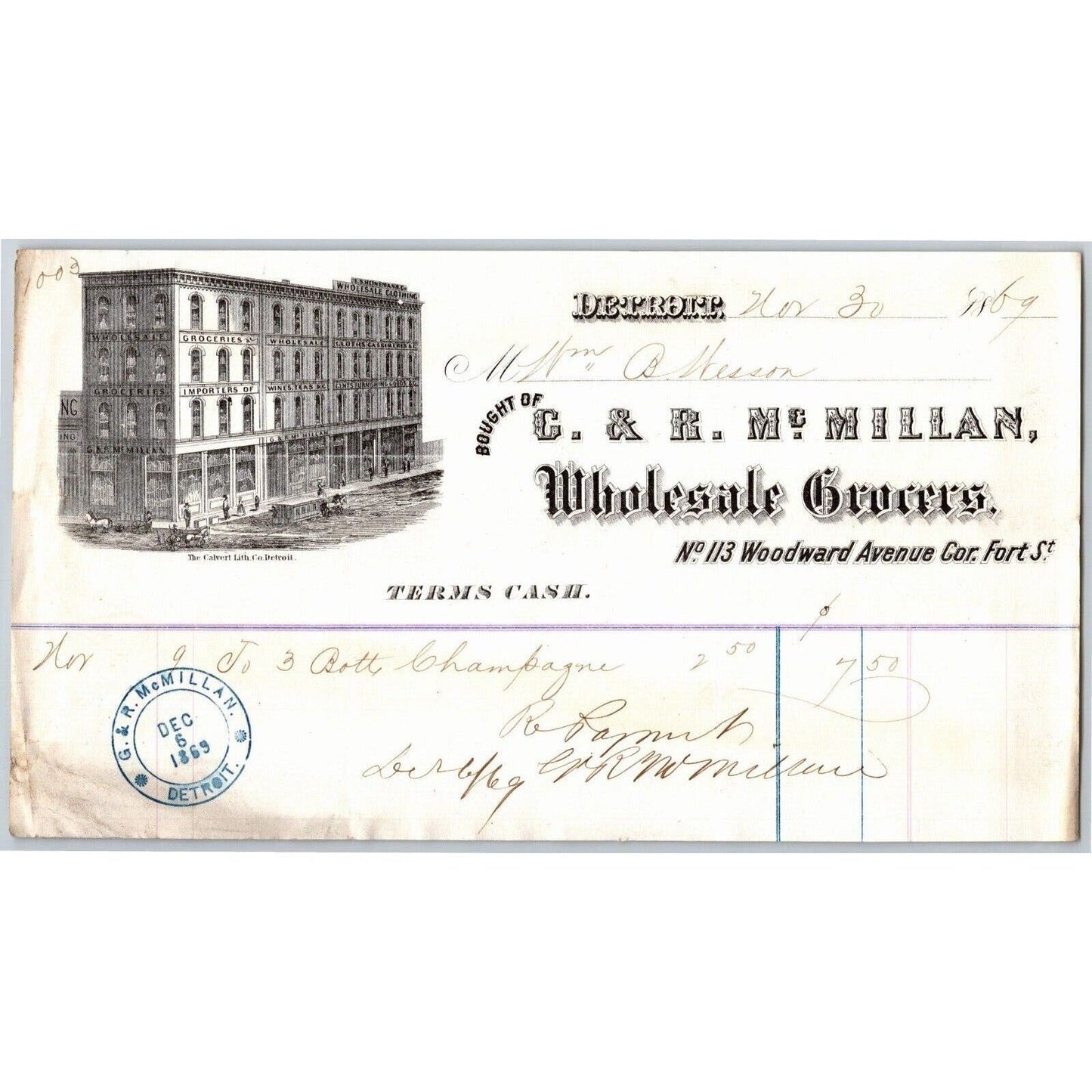 Detroit Letterhead C. & R. Mc Millan Wholesale Grocers 1869 w/ Building Vignette