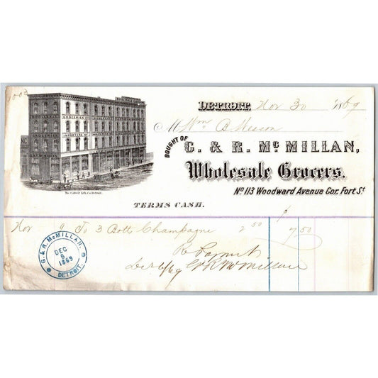 Detroit Letterhead C. & R. Mc Millan Wholesale Grocers 1869 w/ Building Vignette