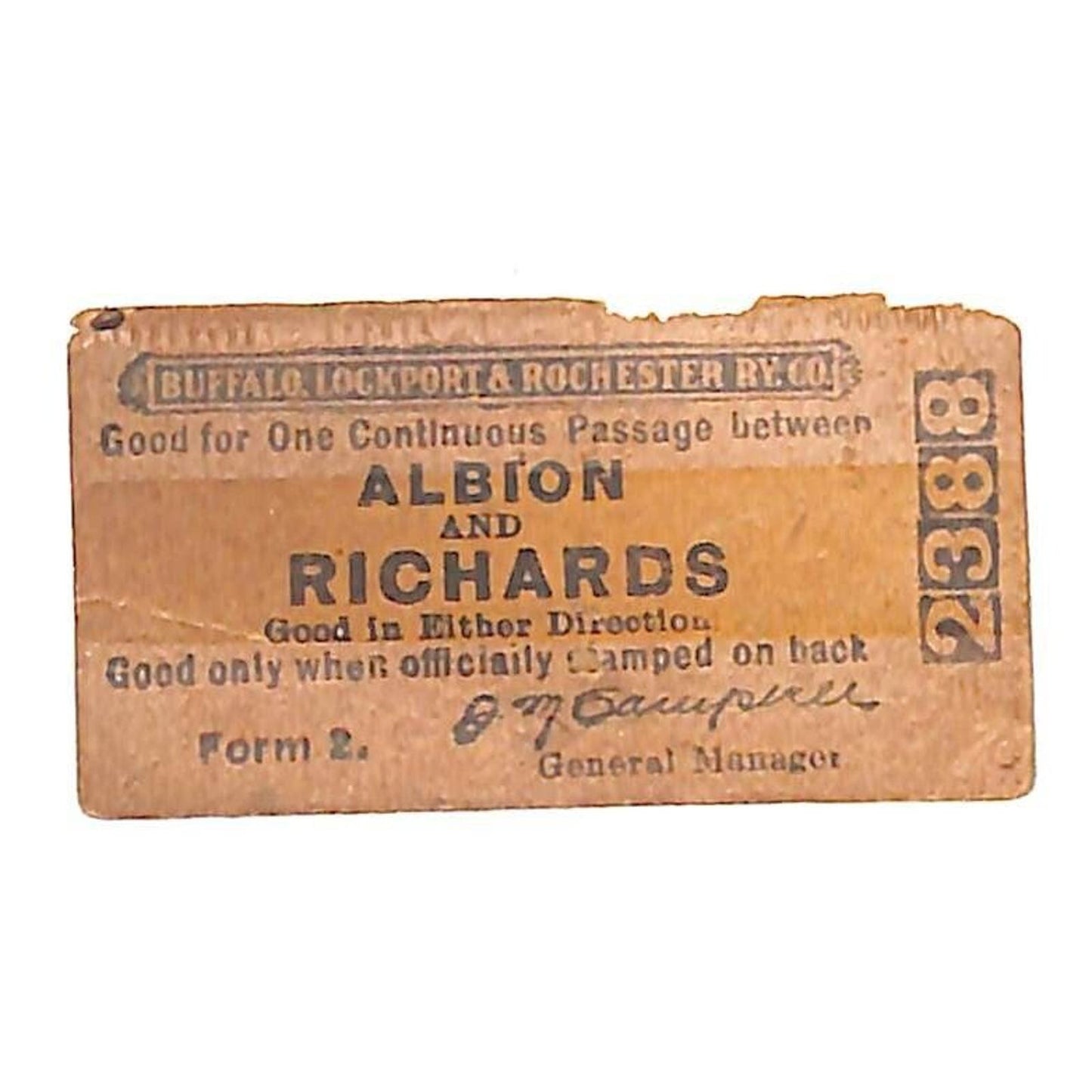 Buffalo, Lockport & Rochester Ry Railroad Ticket Albion and Richards 2388 Scarce