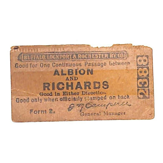 Buffalo, Lockport & Rochester Ry Railroad Ticket Albion and Richards 2388 Scarce