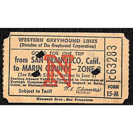 Western Greyhound Lines 1964 San Francisco to Marin County Zone 3 Ticket #63283