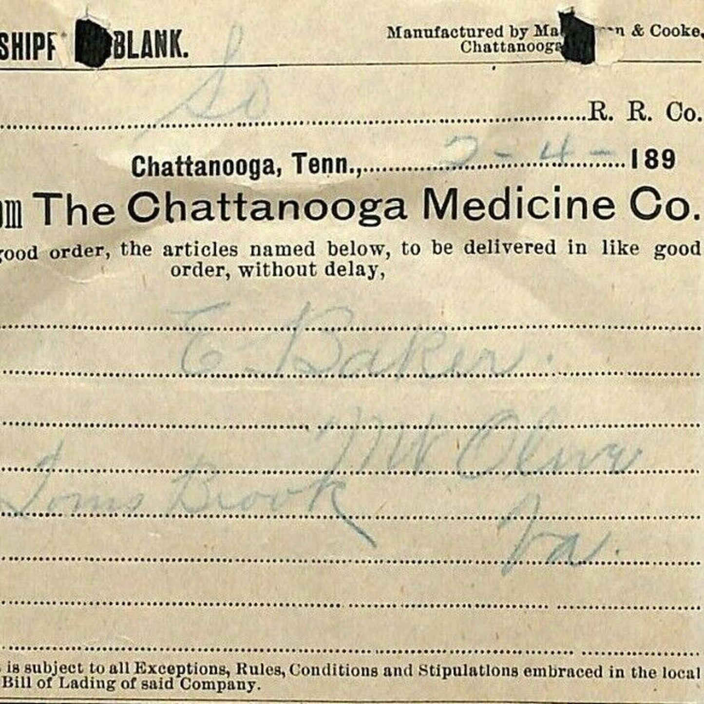 1899 Scarce Letterhead / Billhead Chattanooga Medicine Co. Tenn. - E. Baker*