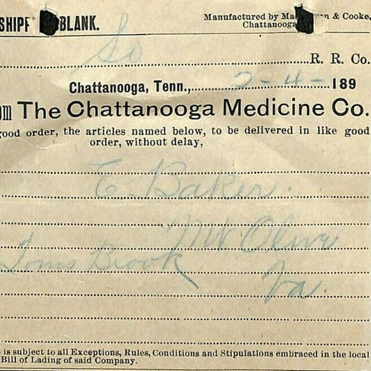 1899 Scarce Letterhead / Billhead Chattanooga Medicine Co. Tenn. - E. Baker*