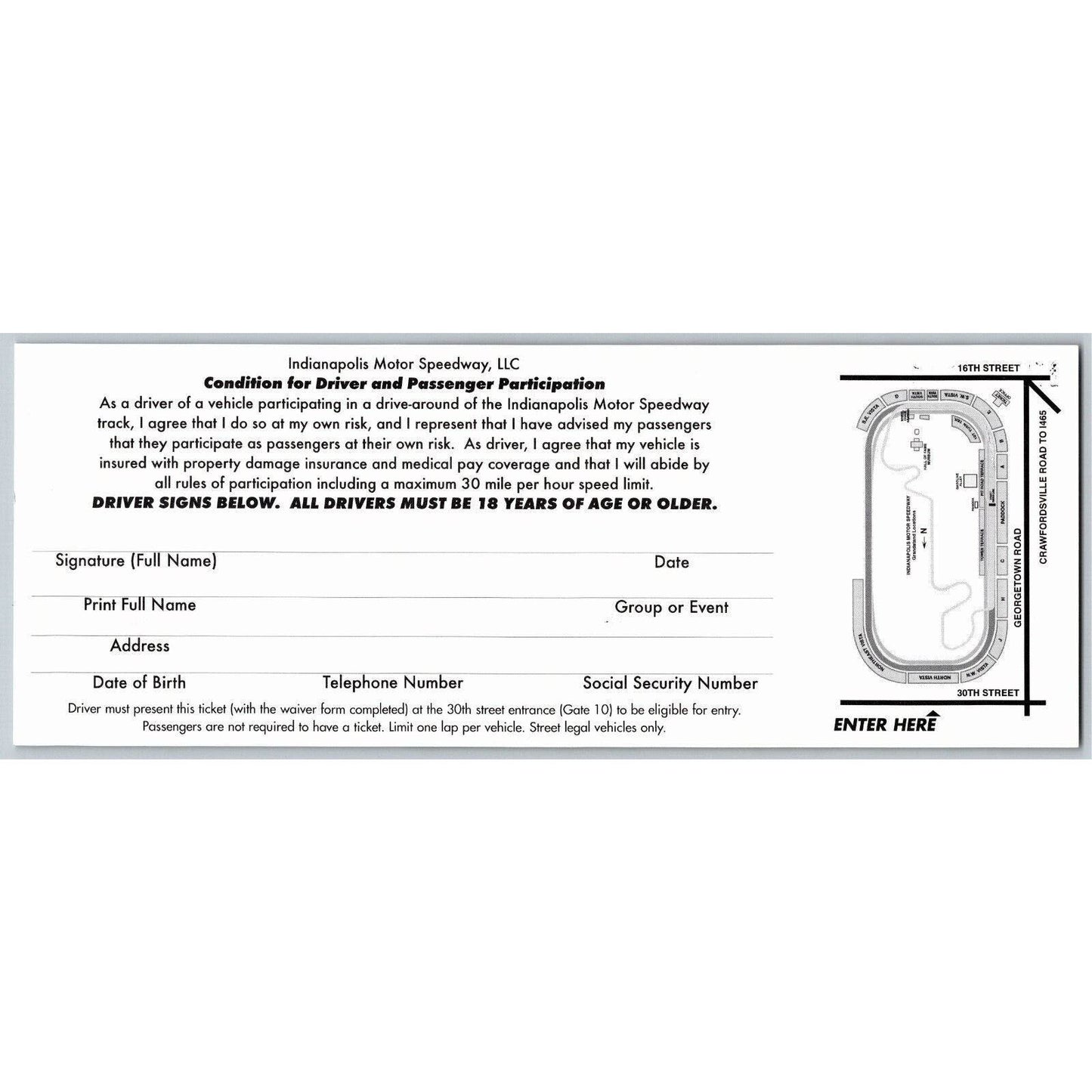 2003 Indianapolis Formula One Driving Experience Driver Condition Form Card VGC