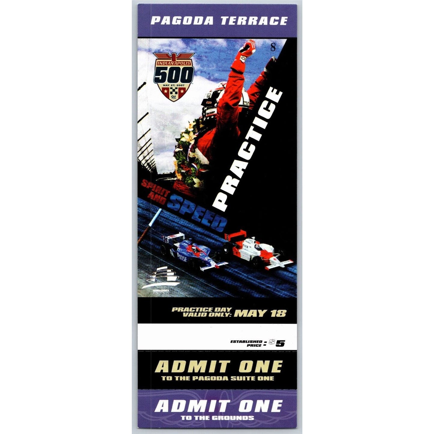 2007 Indy 500 Practice Day 5/18 Pagoda Terrace Unused Ticket