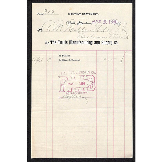 Butte, MT The Tuttle Manufacturing and Supply Co. (Foundry) 1896 Billhead Scarce