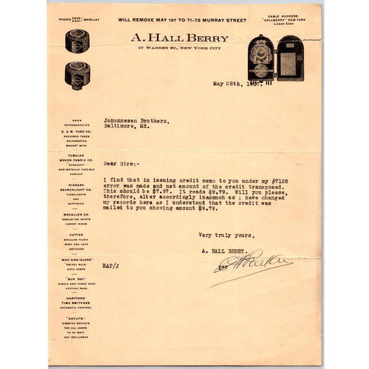 New York City Warren / Murray St. A. Hall Berry (Time Switch) 1917 Letterhead