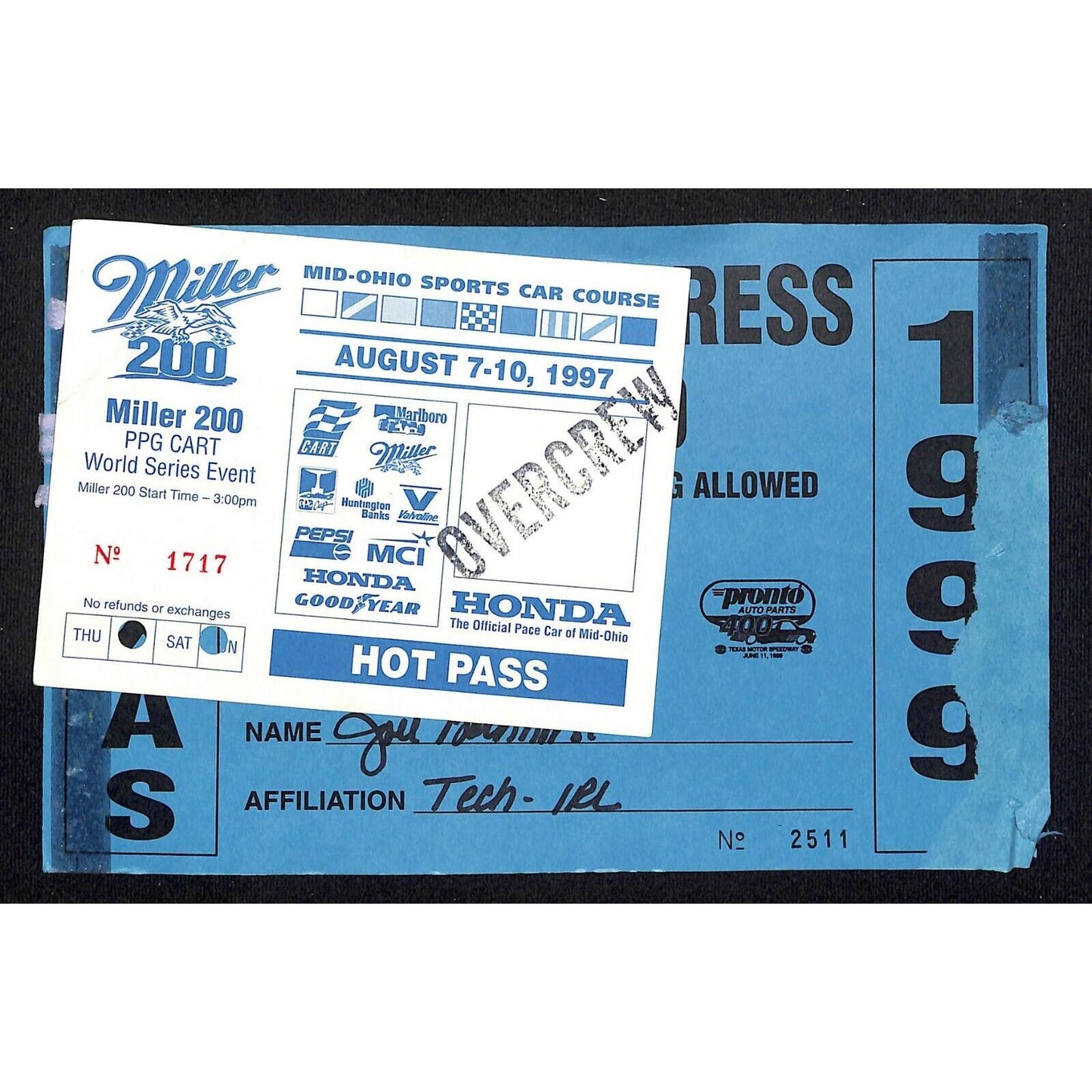 1999 Longhorn 500 Texas Motor Speedway Press Parking Pass +