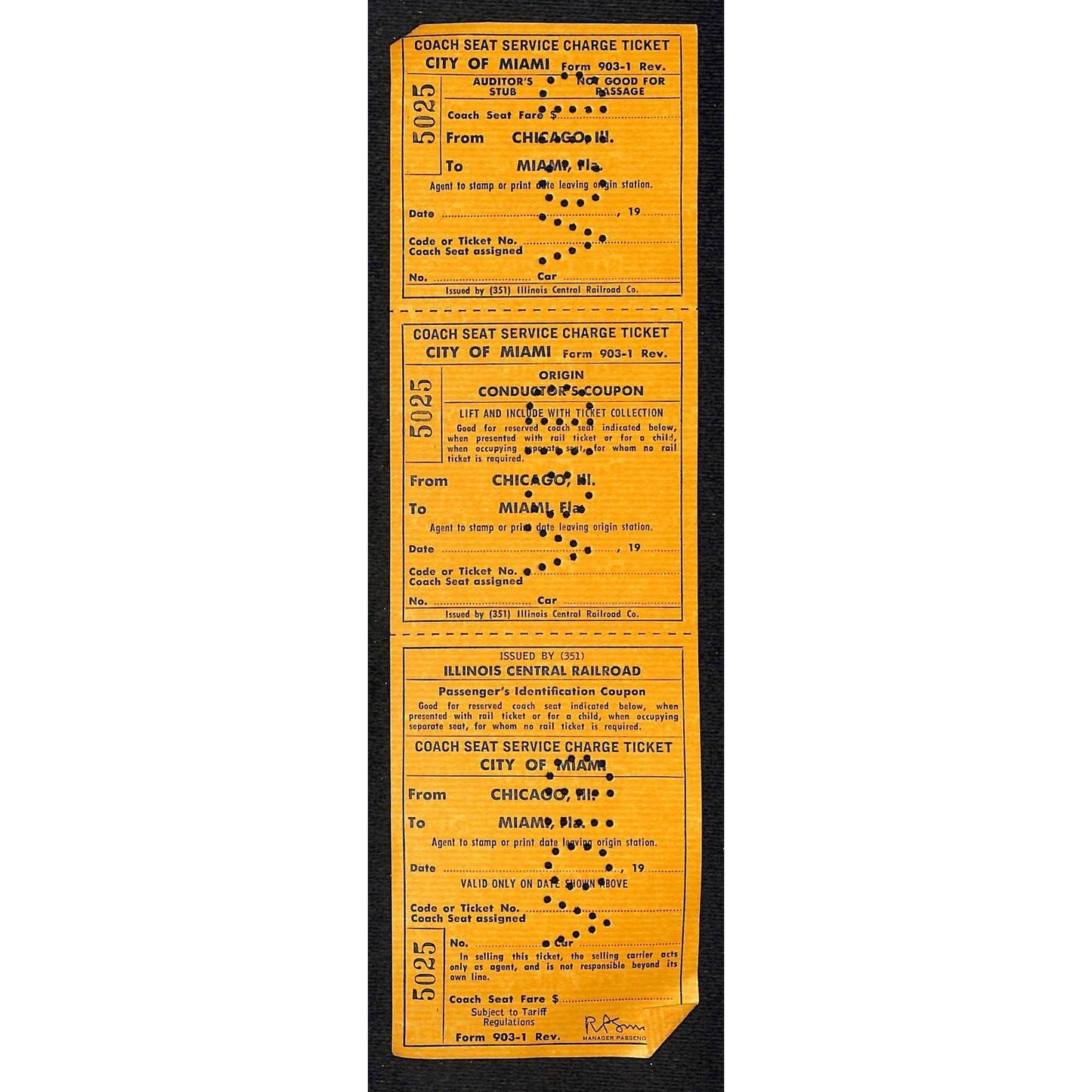 Illinois Central Railroad Void "Coach Seat Service Chg" Ticket Chicago / Miami