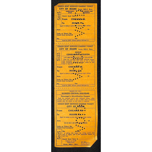 Illinois Central Railroad Void "Coach Seat Service Chg" Ticket Chicago / Miami