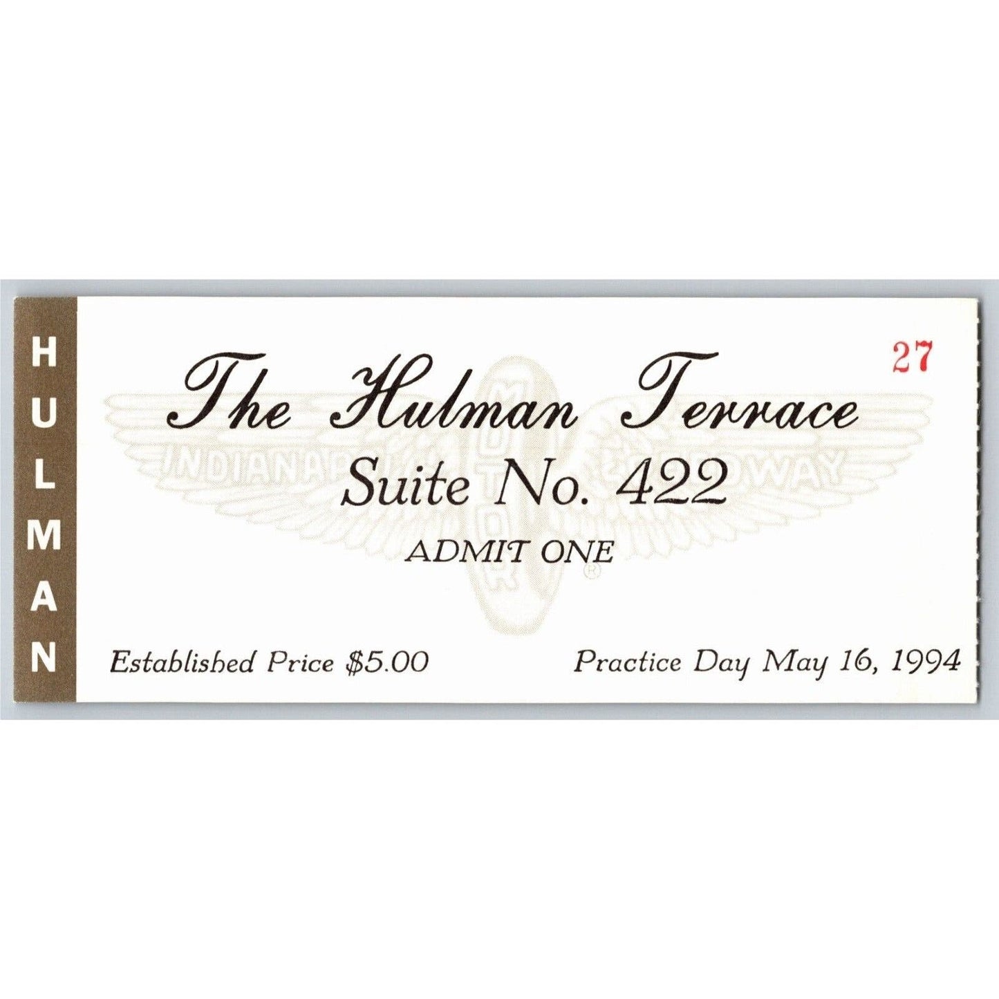 1994 Indy 500 Hulman Terrace Practice Day Ticket Stub Indianapolis #27