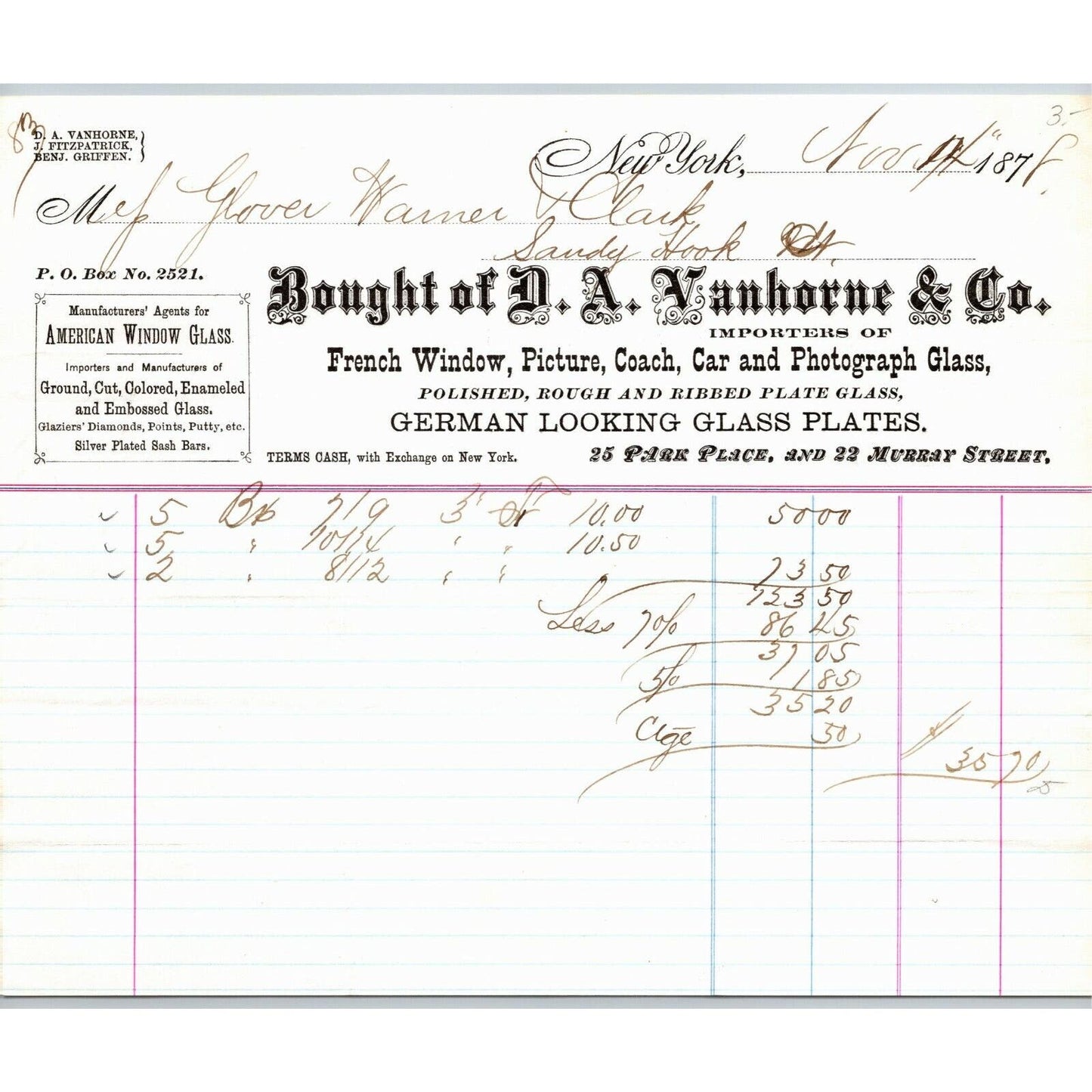 D.A. Vanhorne & Co. NY, NY to Glover, Warner & Clarke Sandy Hook Letterhead 1878