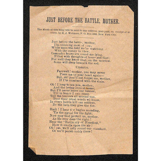 "Just Before The Battle, Mother" Song Sheet Lyrics Civil War Music Offer