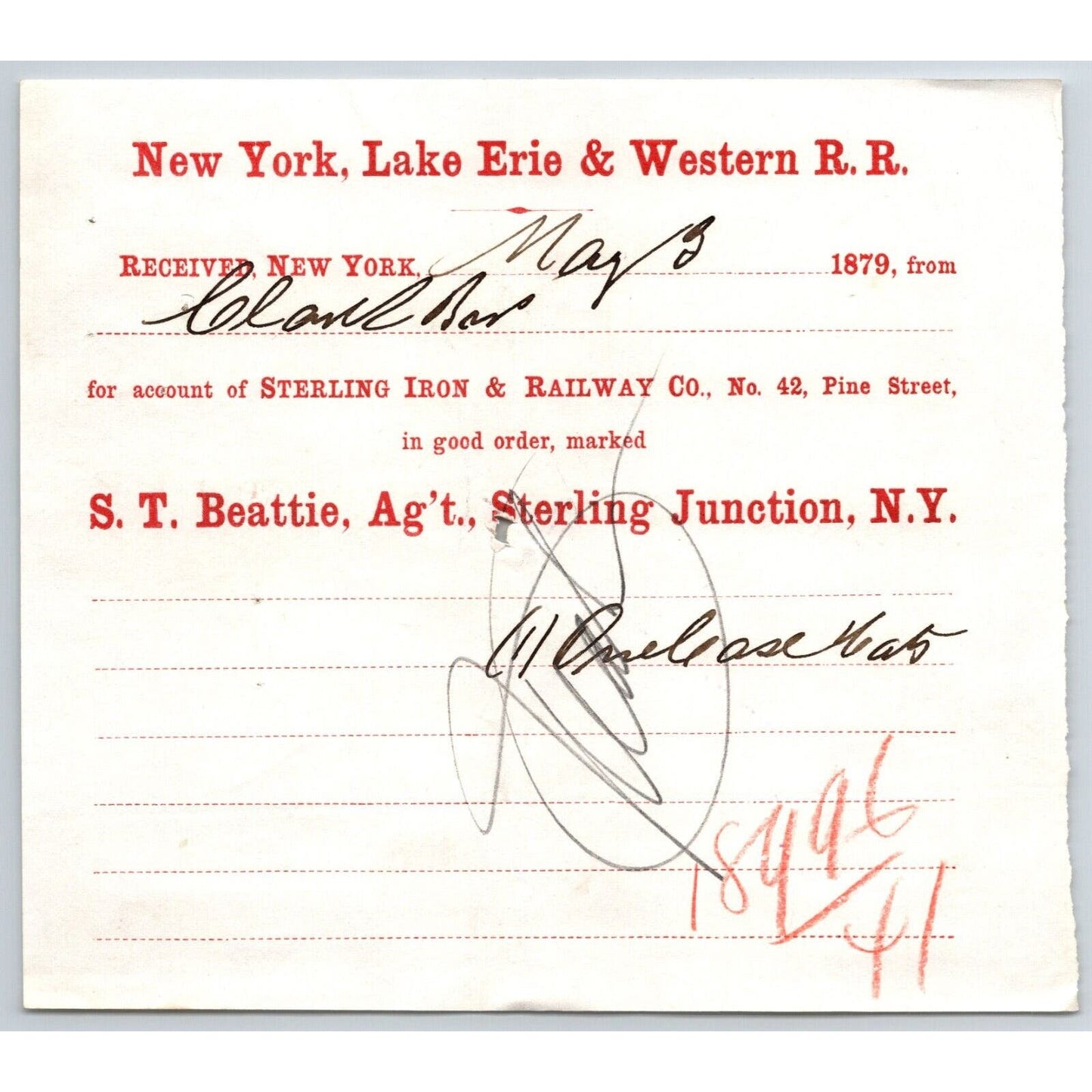New York, Lake Erie & Western R.R. 1879 Railroad Freight Billhead Case of Hats?