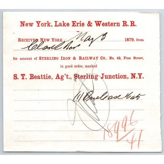 New York, Lake Erie & Western R.R. 1879 Railroad Freight Billhead Case of Hats?