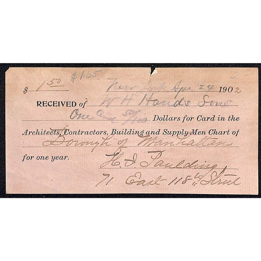 1902 "Borough of Manhattan" Receipt for Architects / Contractor "Card" (Adv.)