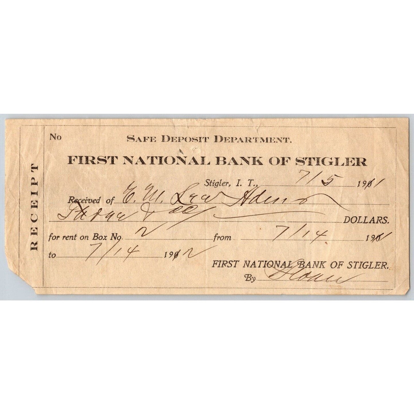 Stigler, Indian Territory Oklahoma 1911 Safe Deposit Box Rental Agreement
