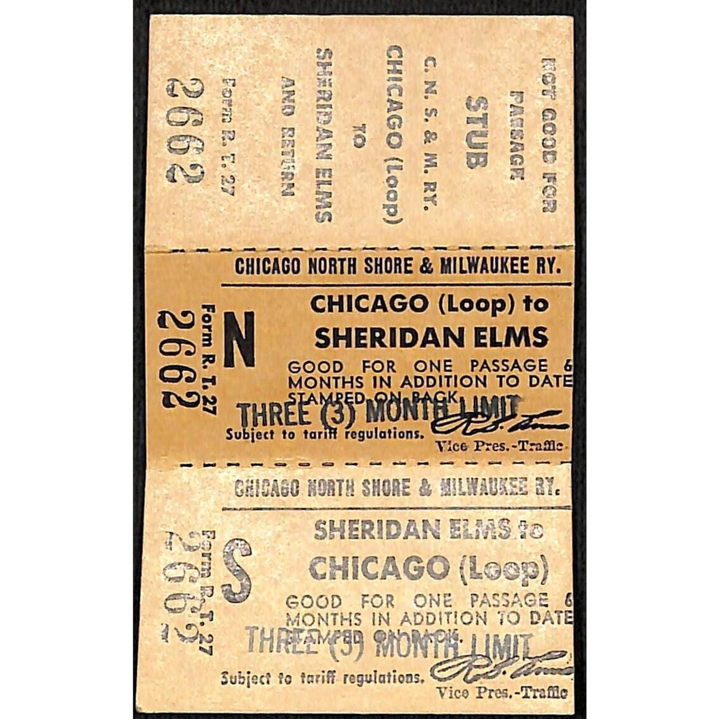 Chicago North Shore & Milwaukee RY Ticket w/ Stub Loop / Sheridan Elms #2662