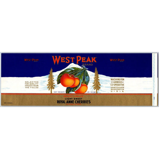 West Peak Royal Anne Cherries Paper Can Label c1935 Snow Mountain Pine Trees