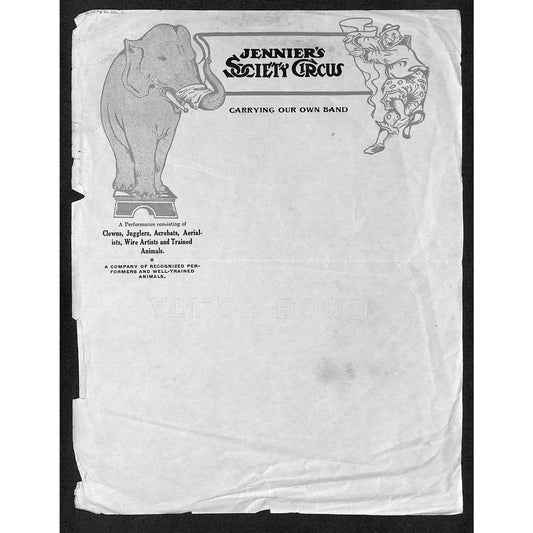 Jennier's Society Circus Letterhead "Carrying Our Own Band"c1910 Elephant Scarce