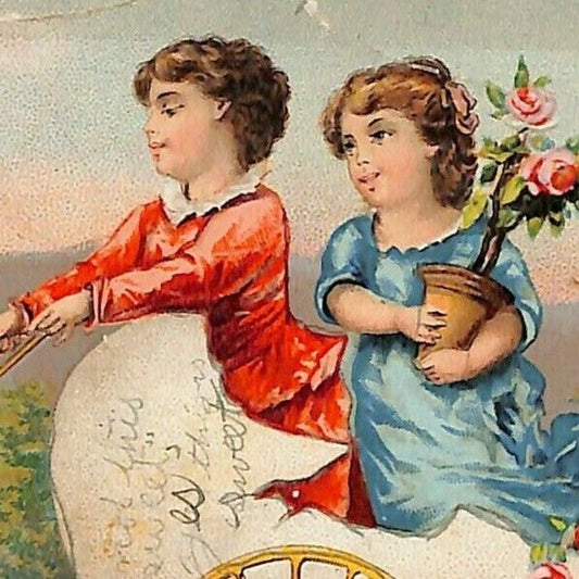 1880-90's Trade Card Williams & Clark Fertilizers Kids Steer Eggshell Chariot