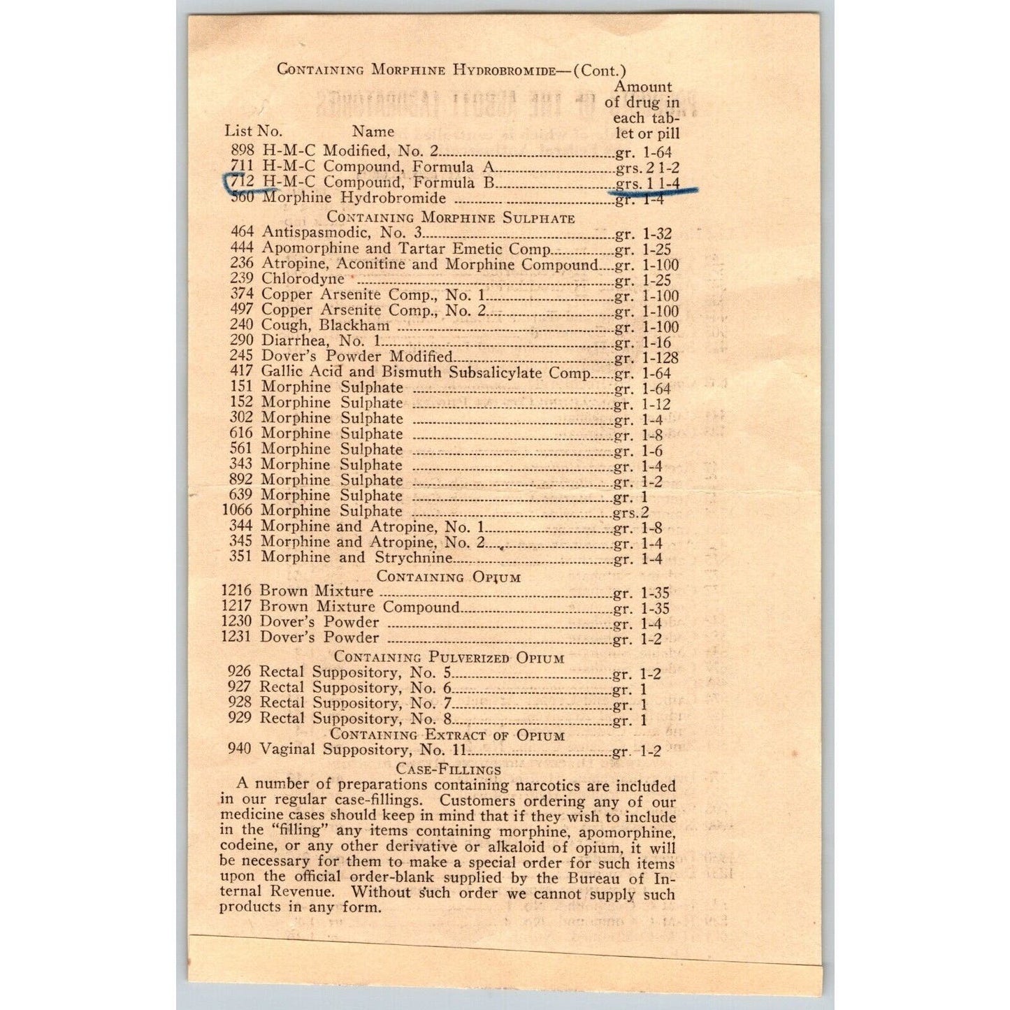 Abbott Laboratories - List of Controlled Drugs / Products Sheet c1922 Scarce