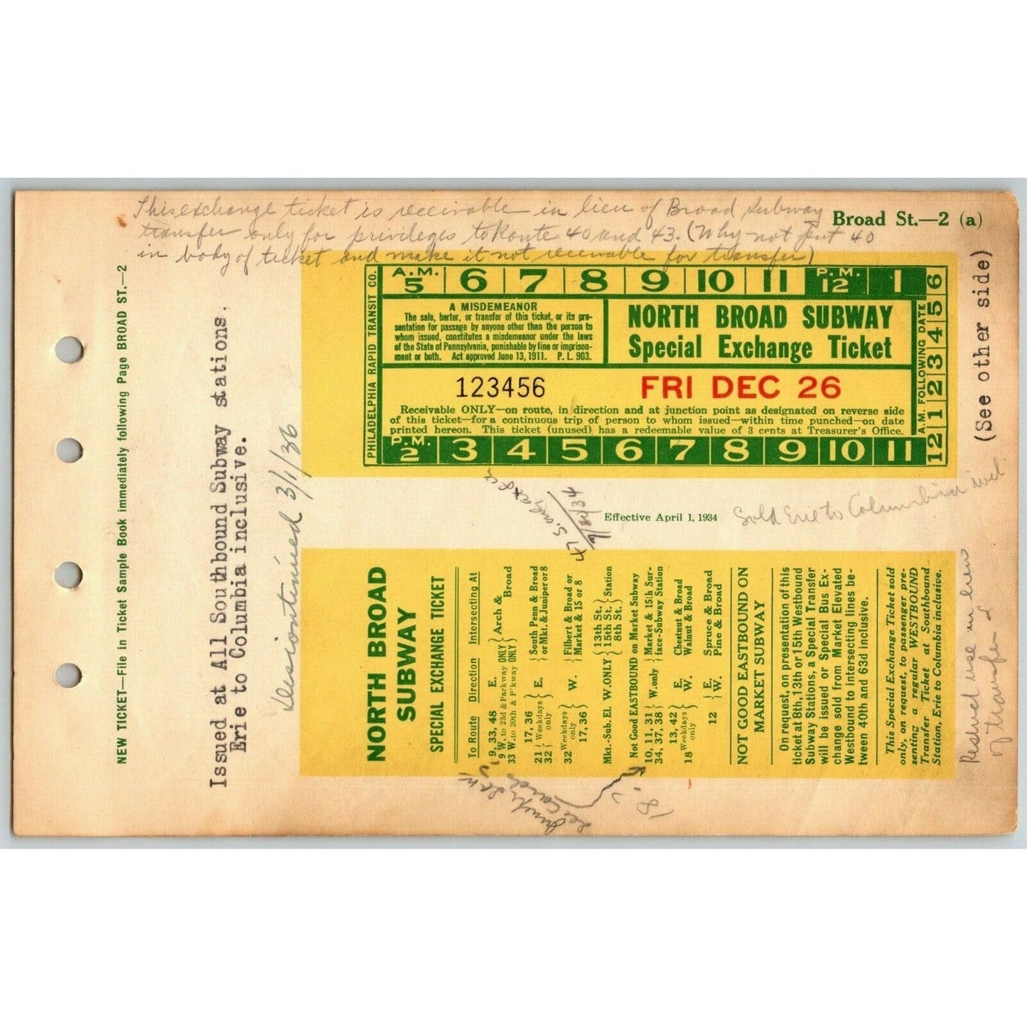Philadelphia Rapid Transit 1934 Page from Bus Subway Ticket Sample Book (0003)