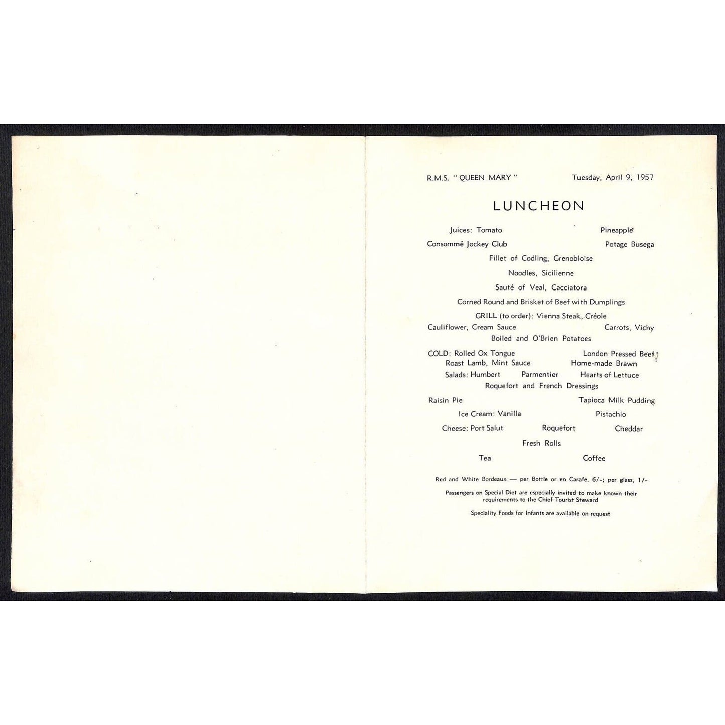 1957 Cunard Lines R.M.S. Queen Mary Luncheon Menu w/ Eiffel Tower Cafe Scene