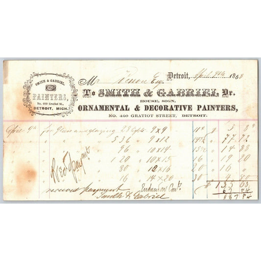 Detroit Letterhead Smith & Gabriel -- Ornamental & Decorative Painters - 1868