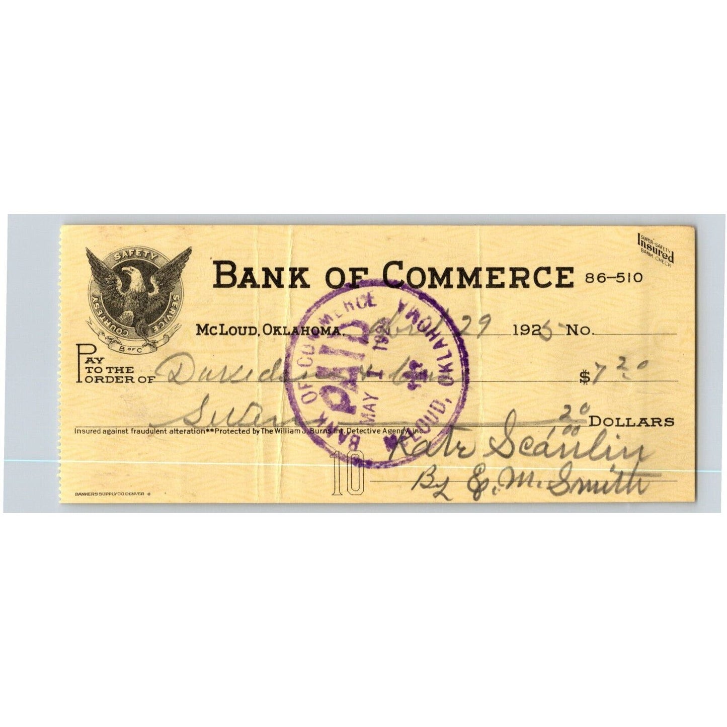 McLoud, Oklahoma 1925 Bank of Commerce Check - Eagle Logo