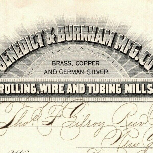 1887 "Benedict & Burnham Mfg. Co" Wire Billhead Letterhead Waterbury - CONN