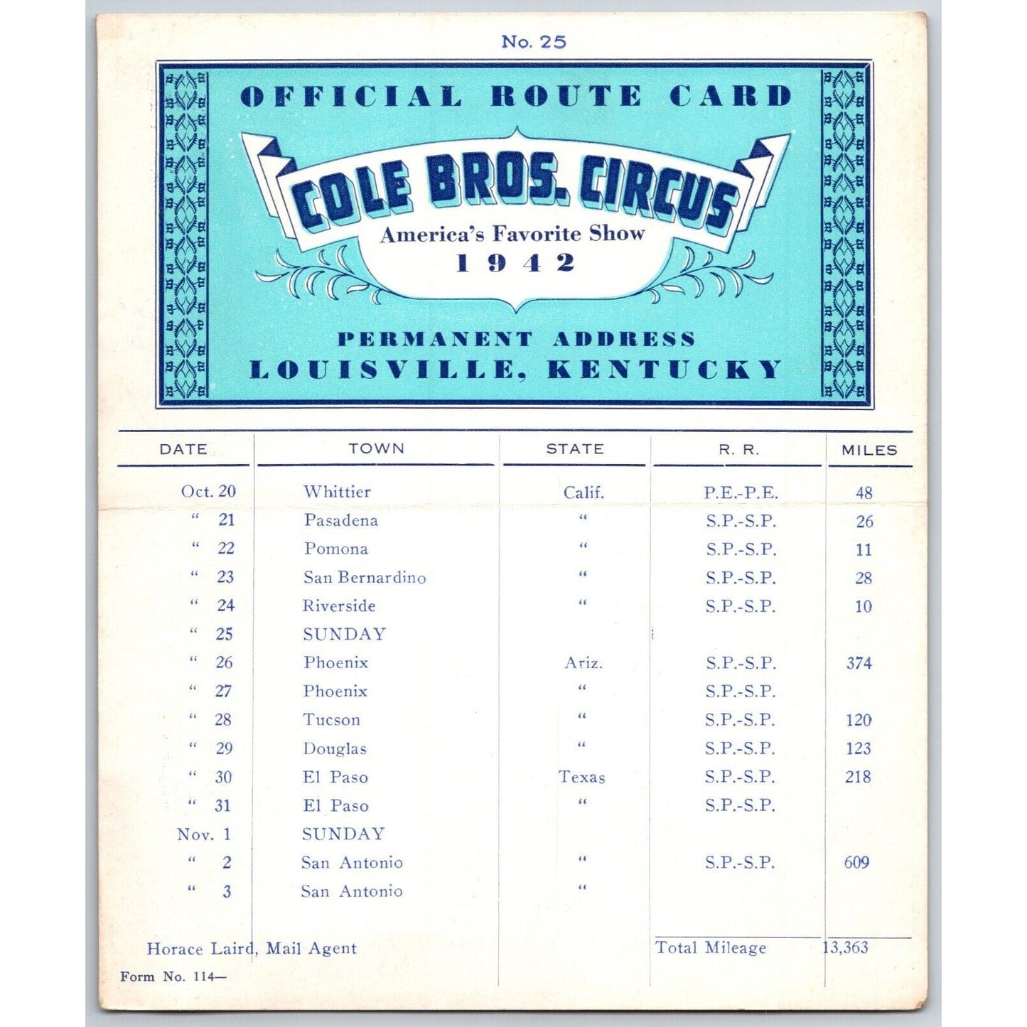 1942 Cole Bros Circus Route California Arizona Texas