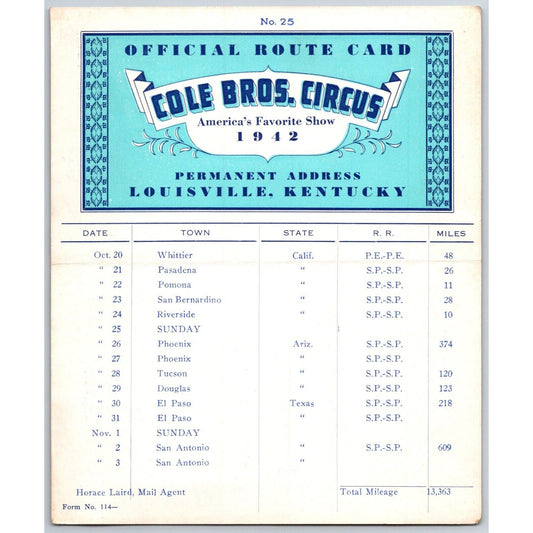 1942 Cole Bros Circus Route California Arizona Texas