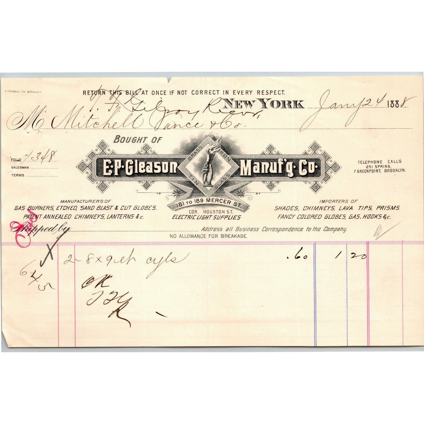 Jan 1888 "E. P. Gleason" Cut Glass Globes Billhead Letterhead Mercer St NYC