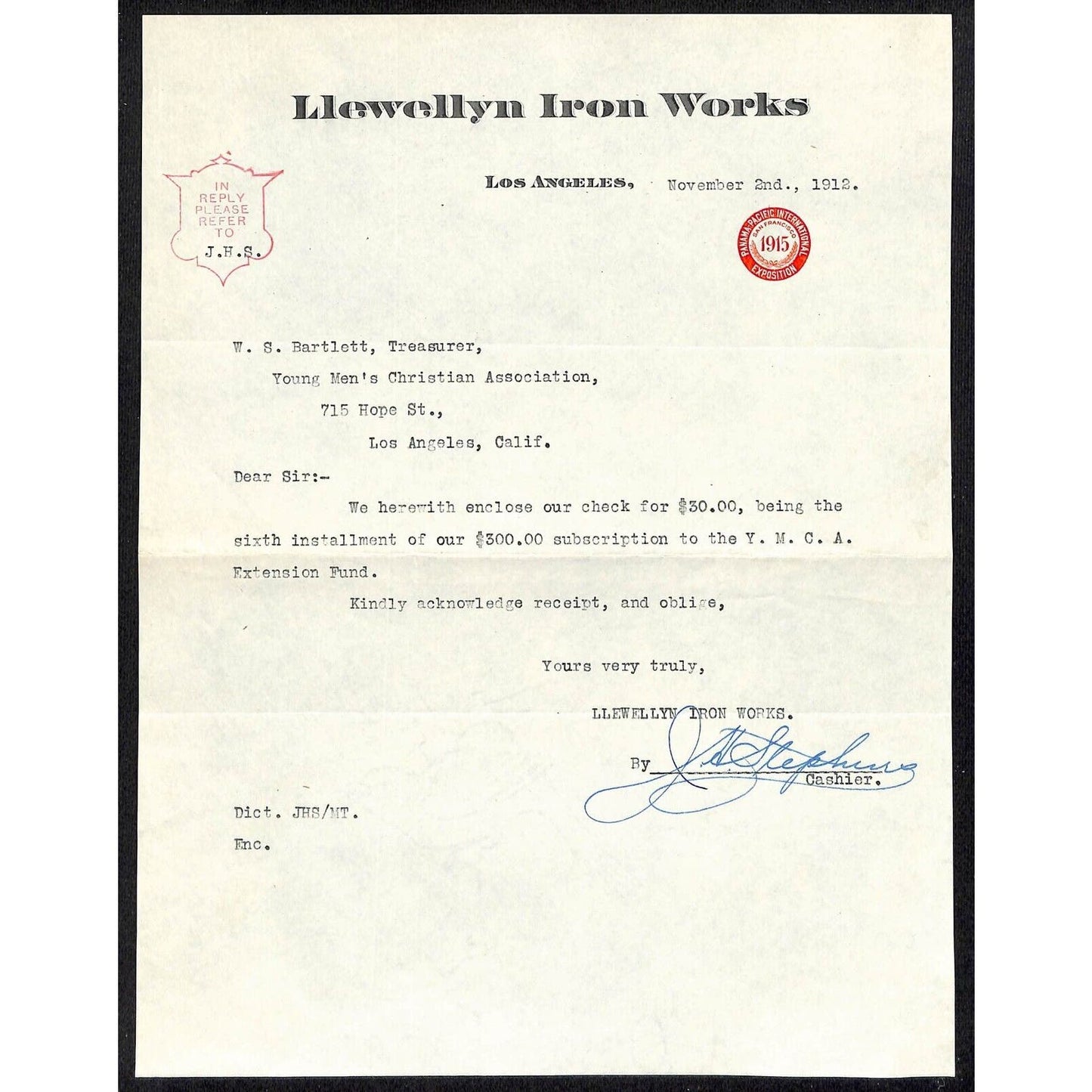 Llewellyn Iron Works Los Angeles YMCA 1912 Letterhead w/ 1915 PPIE Logo