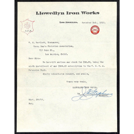 Llewellyn Iron Works Los Angeles YMCA 1912 Letterhead w/ 1915 PPIE Logo