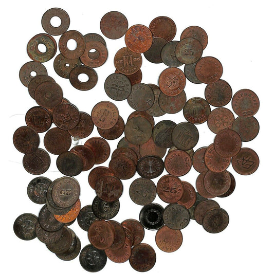 Group of 95 Amusement / Vending Spillemaerke Copper Bronze Tokens from Denmark