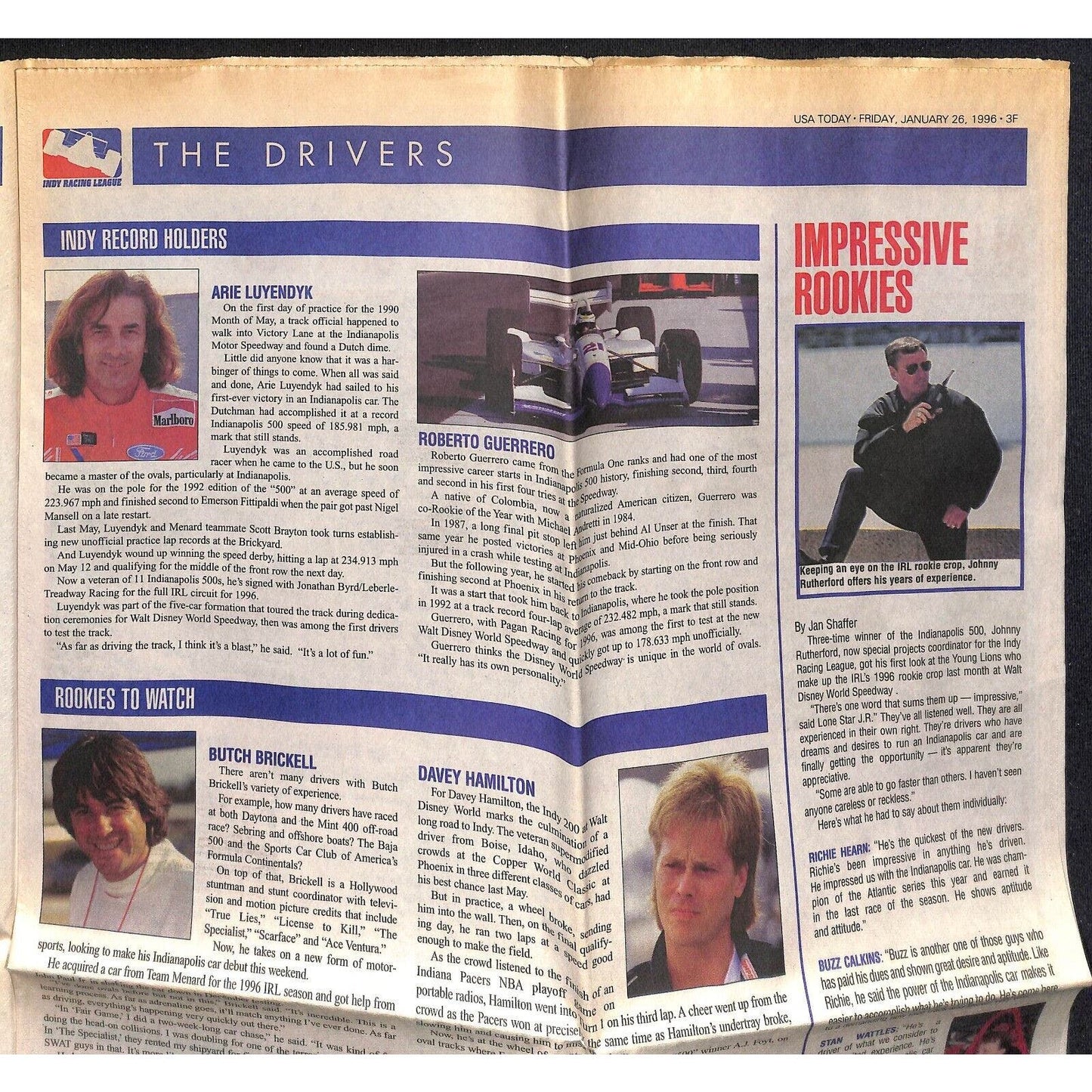 1996 Indy Racing League - USA Today Supplement Feature Newspaper Section 8pp