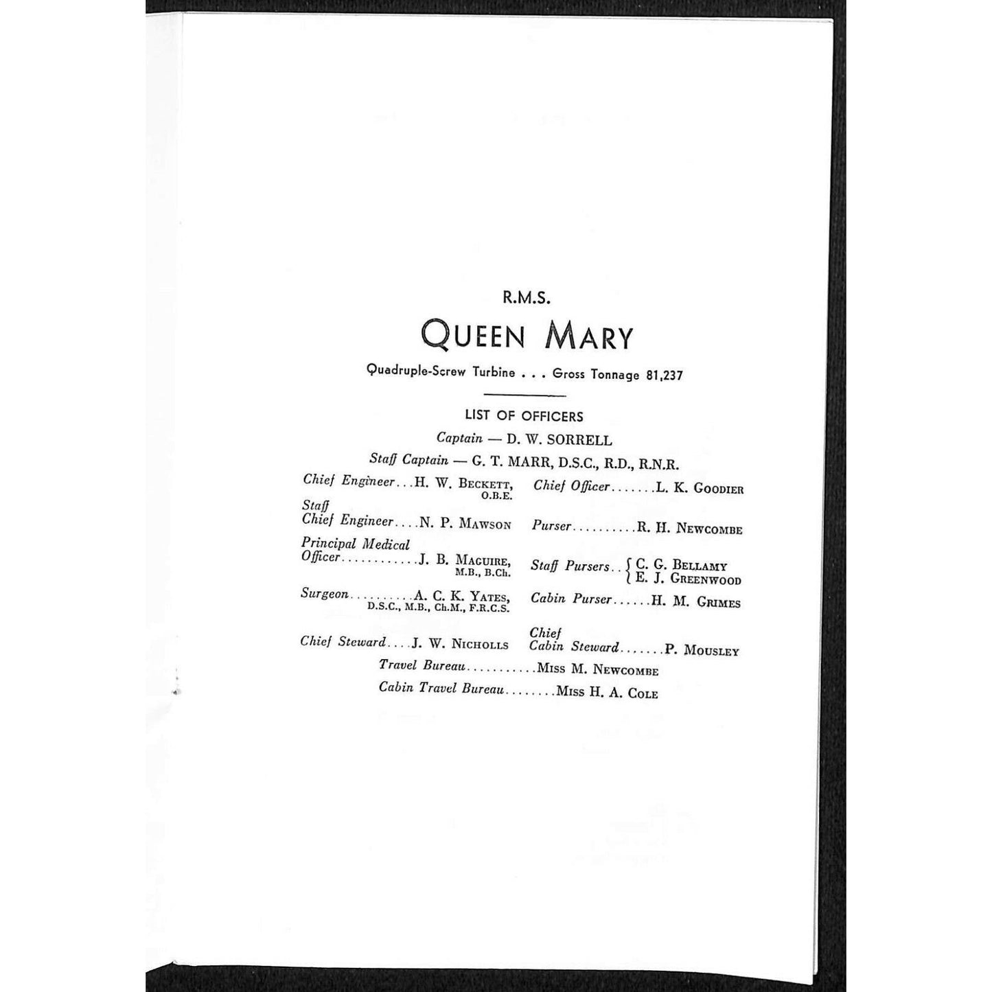 1954 Cunard Queen Mary Cruise Line Cabin Passenger List 9/8 to Cherbourg + VGC
