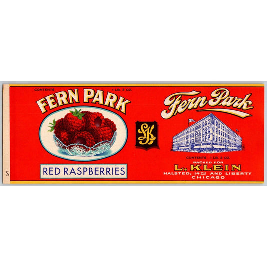 Fern Park Red Raspberries Paper Can Label L. Klein Chicago c1930's-40's VGC