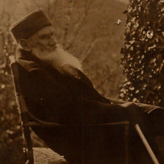 c1910 Vintage Russian RPPC* Postcard Leo Tolstoy Sitting on Outdoor Patio