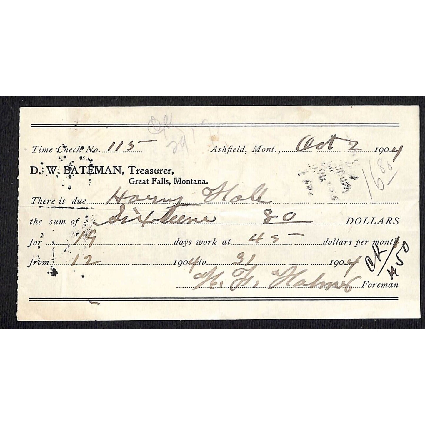 Great Falls / Ashfield Montana 1904 D.W. Bateman Wages Receipt / Billhead